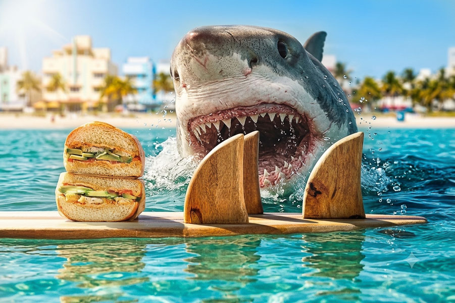 Photo de bun sur planche de surf dans le mar. L'arrière plan évoque les paysages de Californie et u requins va manger le bun. vue de détourage.